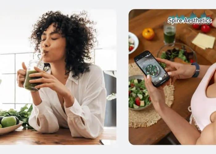 Image of woman looking into her diet and fat freezing Tong to improve her health